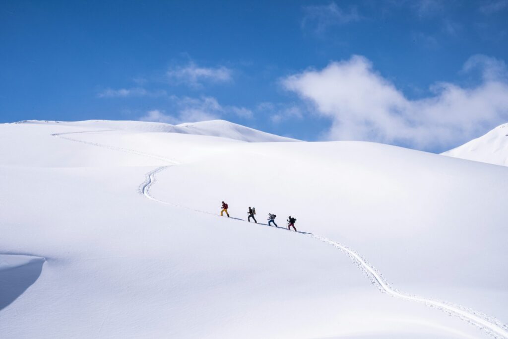 Vier Skitourengeher folgen einer geschwungenen Aufstiegsspur über einen offenen Schneehang